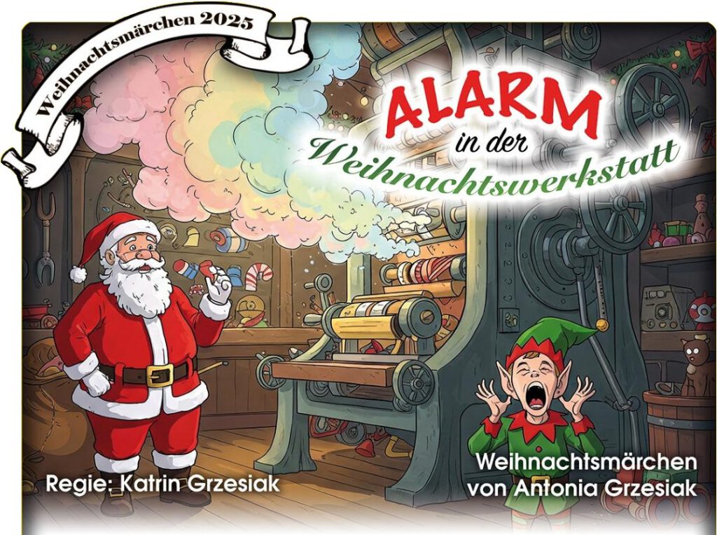 Alarm in der Weihnachtswerkstatt, Weihnachtsman vor Geschenken, rauchende Geschenkmaschine und ein schreiender Elf