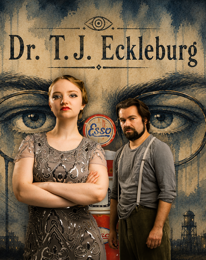 Werbebanner des Augenarztes Dr. T.J. Eckleburg an der Tankstelle im 'Der große Gatsby' 